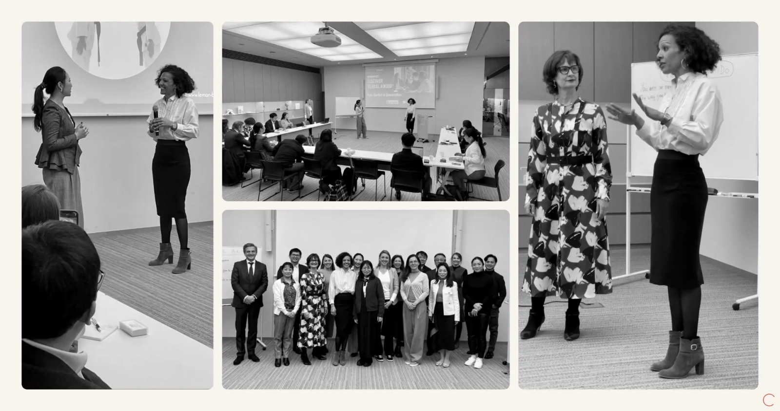 Marie-Solange Vottero leading dojodozo workshops — black and white photo mosaic: presentation, group workshop, team photo and whiteboard exercise.